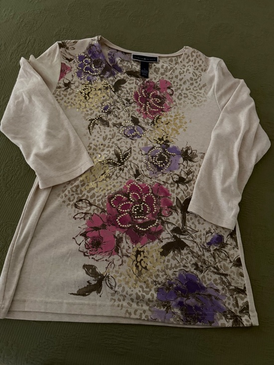 Karen Scott Tops - Karen Scott Cream Floral Embellished Long Sleeve Tee